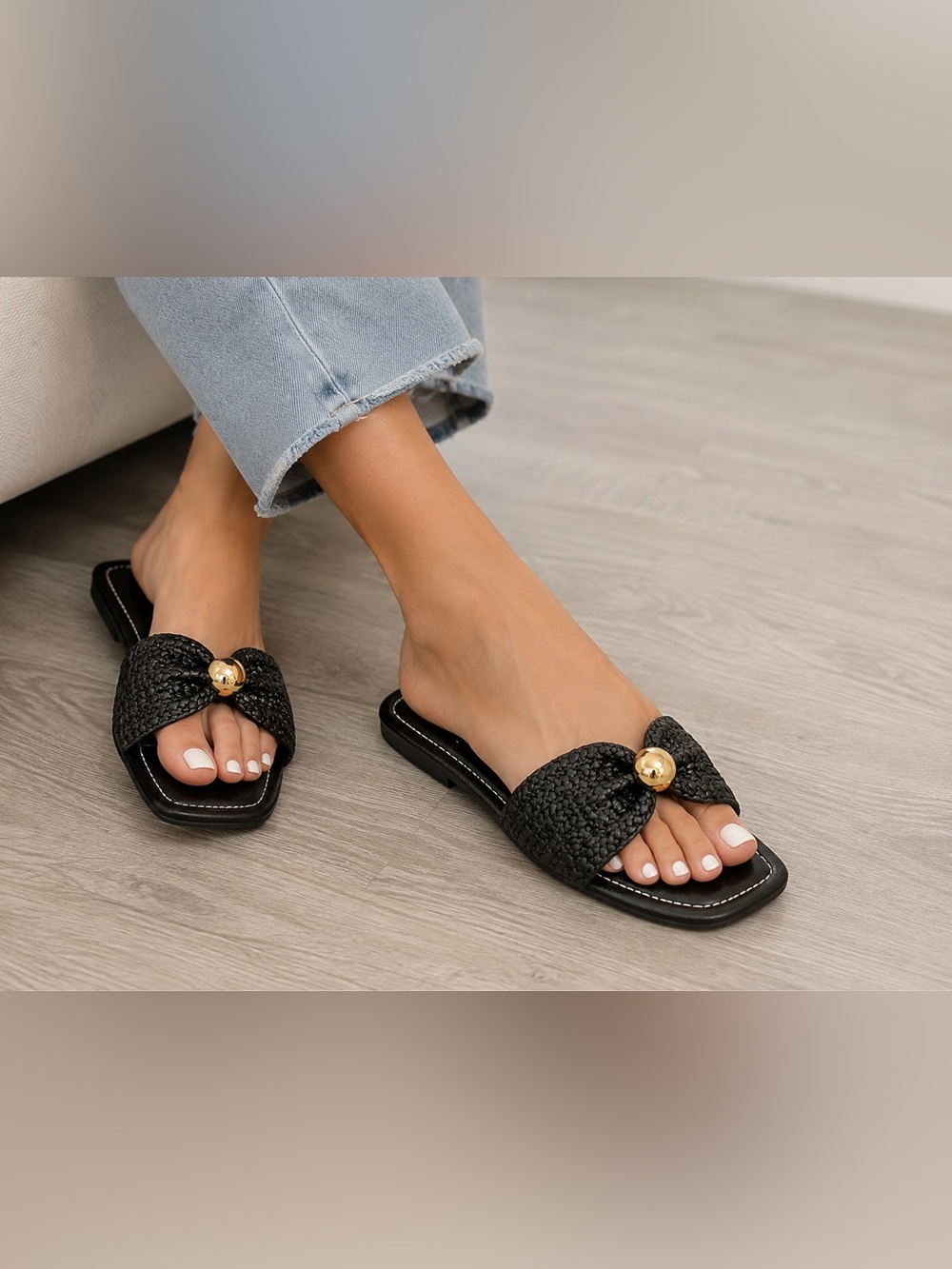 Black Woven Gold Accent Slide Sandals Size 35 NWOT